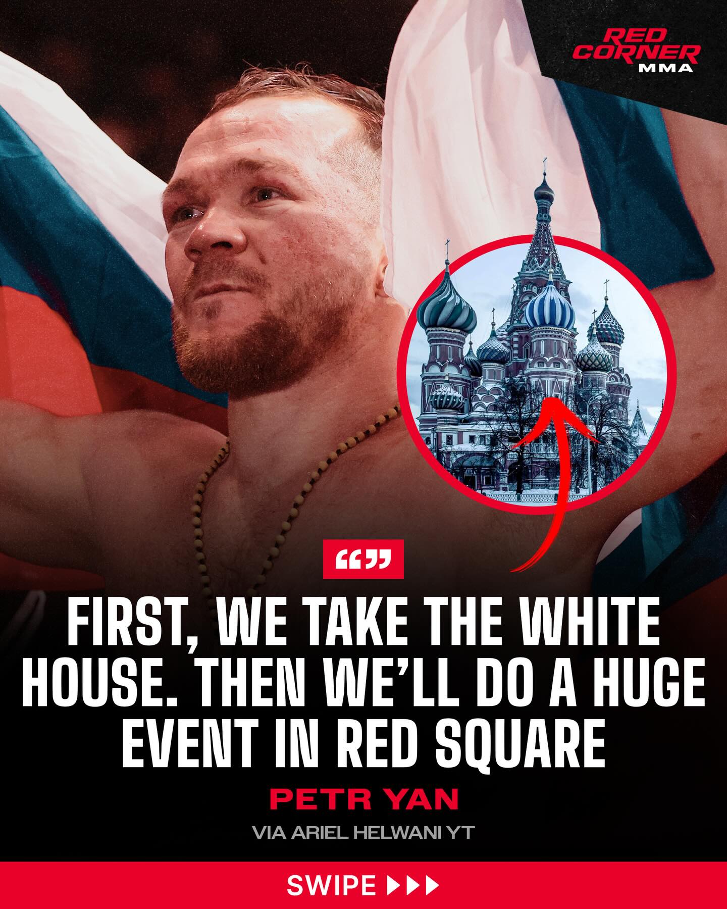 Petr Yan believes allowing Russian fighters on the White House card would be a gesture of goodwill beyond politics and says he would eventually like to see a major event held in Red Square in Moscow, Russia:

“I haven’t heard a definite no on Russian fighters. The UFC is a global organization with athletes from all over the world, and allowing them would be a strong gesture showing that sports are separate from politics.

The goal is, first, we take the White House. Then we will hold a huge event in Red Square.”

Via @arielhelwani