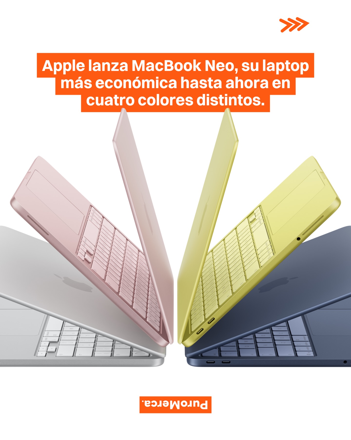 Apple presenta MacBook Neo, su nueva laptop con un diseño de aluminio duradero y cuatro colores —blush, indigo, silver y citrus— junto con esquinas suaves que hacen que el equipo sea resistente y fácil de usar. 💻✨

La pantalla Liquid Retina de 13 pulgadas muestra imágenes nítidas, colores brillantes y un anti-reflejo que permite ver contenido, editar fotos o hacer videollamadas sin complicaciones desde cualquier lugar. 🌈📺

Con el chip A18 Pro, MacBook Neo es hasta 50% más rápida en tareas diarias y hasta 3x más veloz en actividades de inteligencia artificial, dejando trabajar, crear y divertirse sin que el equipo se haga lento. ⚡🖥️

La batería dura hasta 16 horas, suficiente para acompañar a los usuarios durante toda la jornada, desde clases y reuniones hasta streaming o hobbies creativos, sin depender de enchufes constantemente. 🔋☕

Incluye cámara 1080p, micrófonos duales y altavoces con Spatial Audio, para llamadas claras y sonido envolvente en videollamadas, música o películas. También cuenta con Magic Keyboard y trackpad Multi-Touch para control preciso y cómodo. 🎤🎬

Con un precio inicial de $599 USD y $499 USD para educación, MacBook Neo se convierte en la Mac más accesible hasta ahora. ¿Qué opinas de esta nueva MacBook? 🎨🎒

📸: Apple

#PuroMerca 🧡