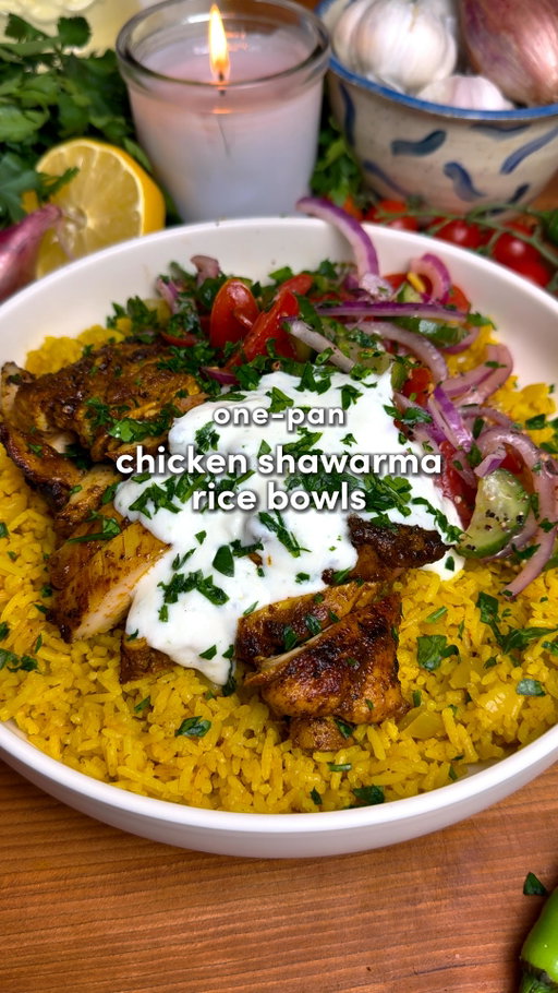 One-Pan Chicken Shawarma Rice Bowls 🔥

Comment “Recipe” and I’ll send you the full recipe card for free!!

All the shawarma flavor, none of the extra steps… juicy spiced chicken, onion rice pilaf, refreshing salad and a creamy garlic sauce 🤌

The secret? A spoonful of @betterthanbouillon Roasted Chicken Base in both the marinade and the rice for that deep, savory, slow-cooked flavor. Everything is better with Better Than Bouillon. #EverythingIsBetter #BetterThanBouillonPartner

For the Chicken:
-1.5 lbs (680g) boneless, skinless chicken thighs
-Seasoning: 1 tbsp paprika, 1 tbsp cumin, 1 tbsp onion powder, 2 tsp coriander, 1 tsp allspice, 2 tsp turmeric, 2 tsp pepper, 1 tsp salt
-3 tbsp olive oil + 8 garlic cloves
-½ lemon, juiced
-2 tsp @betterthanbouillon roasted chicken base

For the Rice:
-3 tbsp butter + 1 ½ cups yellow onion, diced
-1 tbsp turmeric, 2 tsp paprika, 2 tsp garlic powder, 2 tsp pepper
-1 ½ cups basmati rice
-3 cups hot water 
-3 tsp @betterthanbouillon roasted chicken base 

For the Fresh Sumac Salad:
-½ large red onion, thinly sliced
-1 cup cherry tomatoes, quartered
-1 cup cucumber, sliced then halved
-1 tsp salt, 1 tsp black pepper & 2 tsp sumac
-½ lemon, juiced

For the Garlic Sauce:
-¼ cup mayonnaise + ¼ cup plain Greek yogurt
-2 to 3 garlic cloves + 1 tbsp fresh parsley
-1 tsp salt + 1 tsp black pepper
-½ lemon, juiced + 1 tbsp olive oil

1. In a bowl, combine the chicken with the spices, olive oil, garlic, lemon juice and Better Than Bouillon. Mix well. Marinate for as long as your patience can handle.
2. Heat a large pan over medium-high heat and add a drizzle of olive oil. Once hot, add the chicken in batches. Cook for 6 to 8 mins per side until golden and cooked through. Set aside.
3. Reduce heat to medium-low. Add butter to the same pan then the onions & cook, stirring often, until translucent. Add the garlic & spices, cook for 1 to 2 mins. Add the rice and toast for 2 mins while stirring. Pour in the hot water mixed with Better Than Bouillon. Stir & bring to a boil. Once boiling, cover & reduce heat to low. Simmer for 20 mins until cooked.
4. Mix the salad ingredients in one bowl and the sauce ingredients in another bowl. Enjoy!