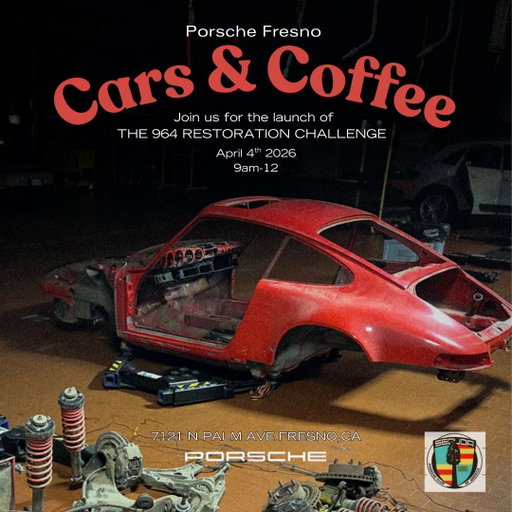 Join us at Porsche Fresno for a special morning of Cars & Coffee and the first look at our 964 Restoration.

Enjoy fresh coffee and morning bites from Chef Vatche, live music, and a few Porsche Fresno exclusives.

Come connect with fellow Porsche enthusiasts and celebrate the debut of this beautifully restored classic.

We look forward to seeing you there. ☕🏁 #porschefresno #porschechallenge26 #pcasequioa #porsche #carsandcoffee