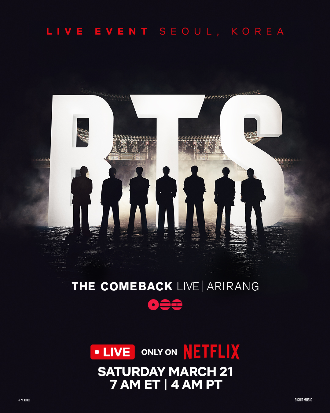 ARMY are you ready? BTS THE COMEBACK LIVE | ARIRANG. March 21 8pm KST / 4am PT. LIVE worldwide exclusively on Netflix.

#BTSLiveonNetflix #BTS_ARIRANG