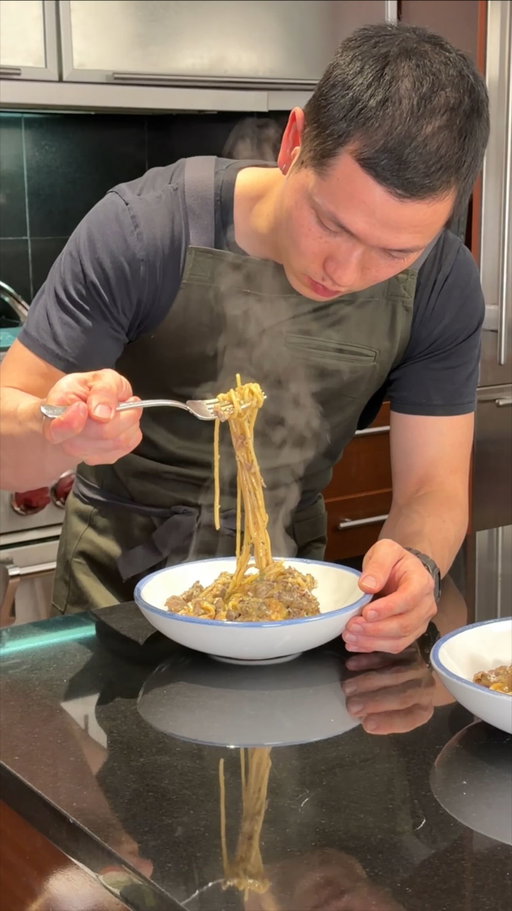 a creamy (soy milk!!) ragu pasta for your next weeknight treat 🍝

recipe:

2 portions spaghetti (170g)
400g soy milk
5 sprigs thyme
1 head of garlic, halved
1 shallot, halved
4 cloves garlic, minced
1 shallot, minced
5 sprigs thyme, picked
1 tablespoon olive oil
2 tablespoons butter
15 slices frozen sukiyaki beef 
1 tablespoon tomato paste
1 anchovy
3 dashes Worcestershire sauce
1 tablespoon garlic confit
White pepper 
Black pepper
¼ cup white wine
2 tablespoons flat leaf parsley, finely minced
Parmigiano Reggiano

1/ Bring 2 quarts of water to a boil with enough salt so it tastes like a properly seasoned soup. Add the spaghetti and cook to package instructions until al dente.

2/ Combine the soy milk, 5 sprigs of thyme, halved garlic and halved shallot into a tall pot and bring to a boil over high heat. Reduce the heat to low and cook the soy milk until reduced by half. Set aside.
3/ Sweat the garlic, shallots and thyme in olive and butter until translucent over medium heat, 2-3 minutes. Add the beef and cook through, 4-5 minutes. Add the tomato paste, anchovy, Worcestershire sauce, garlic confit, white pepper, black pepper and a large pinch of salt and cook for 1-2 minutes. Turn the heat to high and add the white wine and cook until dry, 2 minutes. 

4/ Reduce the heat to medium low, add the pasta and a ¼ cup of pasta water. Adjust the seasoning with salt and sugar and plate.

5/ Garnish with the parsley and parm. Serve immediately.

#recipeideas #pasta #dinnerideas #cookingtips #ragu
