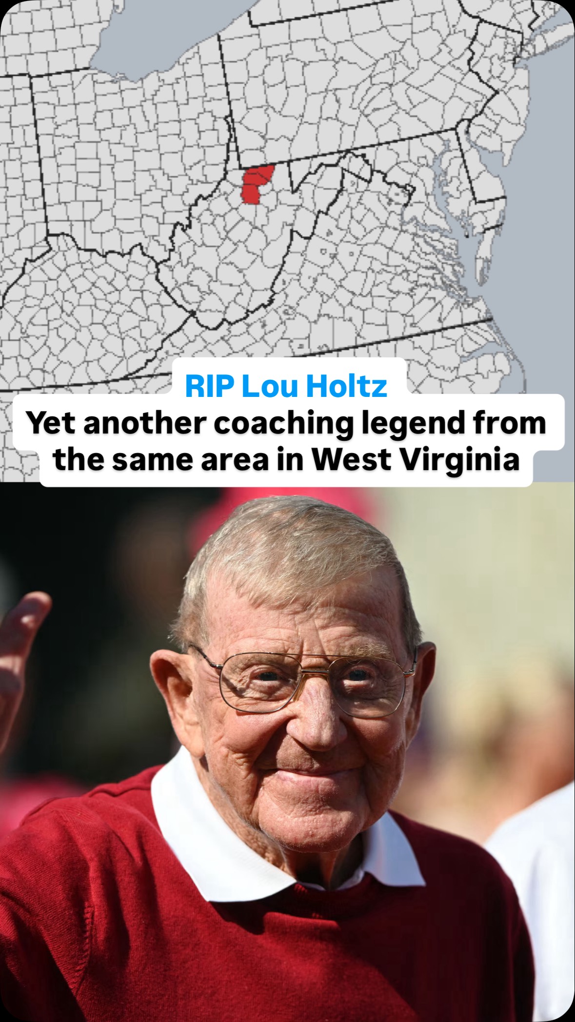 20 National Championships from this one small area in West Virginia, once Lou Holtz from Brooke, West Virginia is included. RIP to a legend 🙏 #louholtz #collegefootball #westvirginia