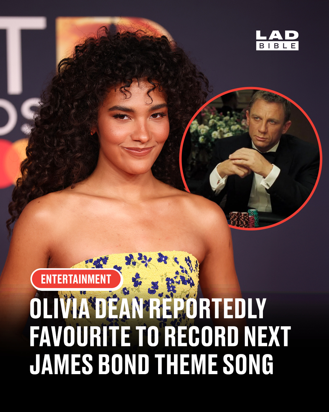 The star has had a huge year already 👀⁠
⁠
Olivia Dean has been named the favourite to sing the next James Bond theme song, according to bookmakers after her huge success at the recent Brit Awards.⁠
⁠
The 26-year-old London singer scooped four Brit Awards, including major categories like Artist of the Year, and has now topped betting odds as the even-money favourite to follow in the footsteps of pop icons like Adele, Sam Smith and Billie Eilish on the 007 soundtrack.⁠
⁠
Other names in rotation include Raye, Lana Del Rey, Dua Lipa, Harry Styles and Miley Cyrus, but Dean’s recent Brit clean sweep has put her firmly at the front of the queue.⁠
⁠
No official announcement has been made yet, so it’s all speculation for now but if she lands it, it’d be a massive moment for one of the UK’s most talked-about emerging stars.⁠
⁠
#entertainment #ladbible #oliviadean