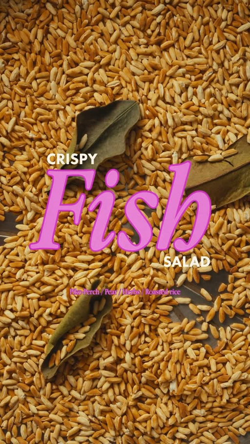 Crispy Fish Salad ✌🏻

Ingredients:

Roasted rice:
Glutinous rice
Lime leaf

Crispy fish:
Pike-perch fillet
Fish sauce
Rice flour
Neutral oil

Salad mix:
Shallot
Mint
Coriander
Pear
Scallion

Dressing:
Garlic
Lime 
Palm sugar
Fish sauce
Chili powder