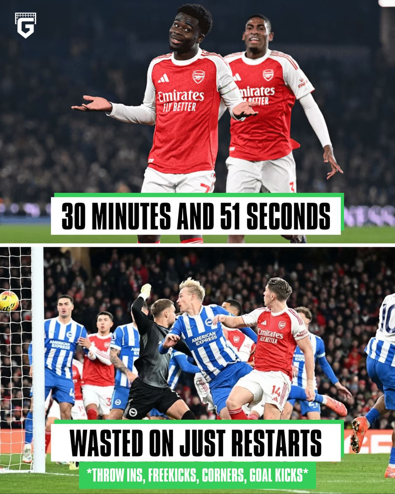 Arsenal recorded 30 minutes and 51 seconds spent on restarts from dead balls in their match against Brighton 🤯

The most by any Premier League team this season...

(via @johncrossmirror / themirror X)