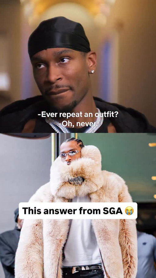 “Do you ever repeat an outfit?”
“Never! I mean unless it’s like going to the grocery store.”
“You go to the grocery store?”
“Oh, no. That was just an example.”

This answer from SGA was too much 😭

📺 Starting 5: Season 2

#nba #okcthunder #shaigilgeousalexander #basketball #sga