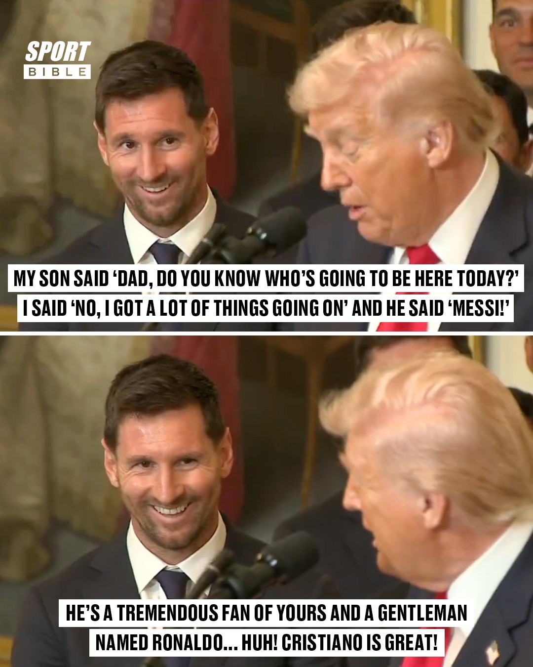 Lionel Messi laughed after hearing President Donald Trump name drop 'Cristiano Ronaldo' following Inter Miami's visit to the White House to commemorate the club's MLS Cup triumph 😅🏆

The Argentine's face was priceless after hearing his rival 😂🇦🇷