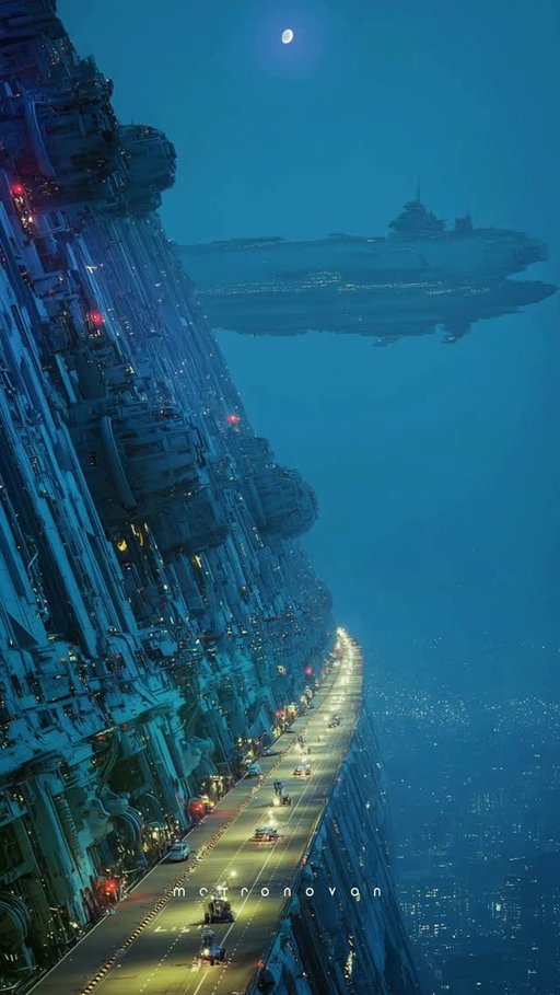 At the edge of this immense wall, I watch the river of light below.
A distant spacecraft drifts over the city, brushing the night with a gentle glow.
The height could swallow a person whole, yet somehow I feel no fear.
The steady lines of car lights move like a distant heartbeat, reminding me why I am still here.

— 
What kind of future do you imagine? 
— 
Part of an ongoing sci-fi narrative 
about futures yet to be spoken.