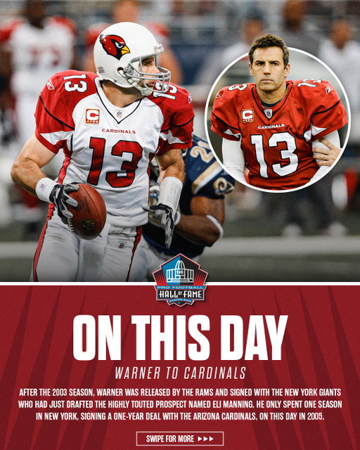 On this day in 2005, Kurt Warner signed with the Arizona Cardinals. After time with the St. Louis Rams and the New York Giants, Warner arrived in Arizona and helped lead one of the most memorable runs in franchise history alongside Larry Fitzgerald. Link in bio!