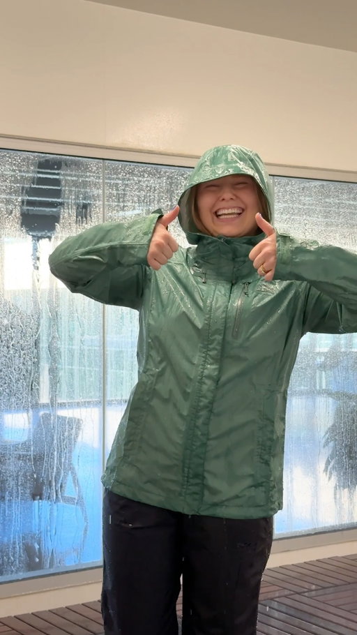 Our typical day at the office might not be your typical day at the office. 🌧️ But thanks to our rain room, we can make sure every piece of rainwear that ends up on customers will keep the rain off of them!