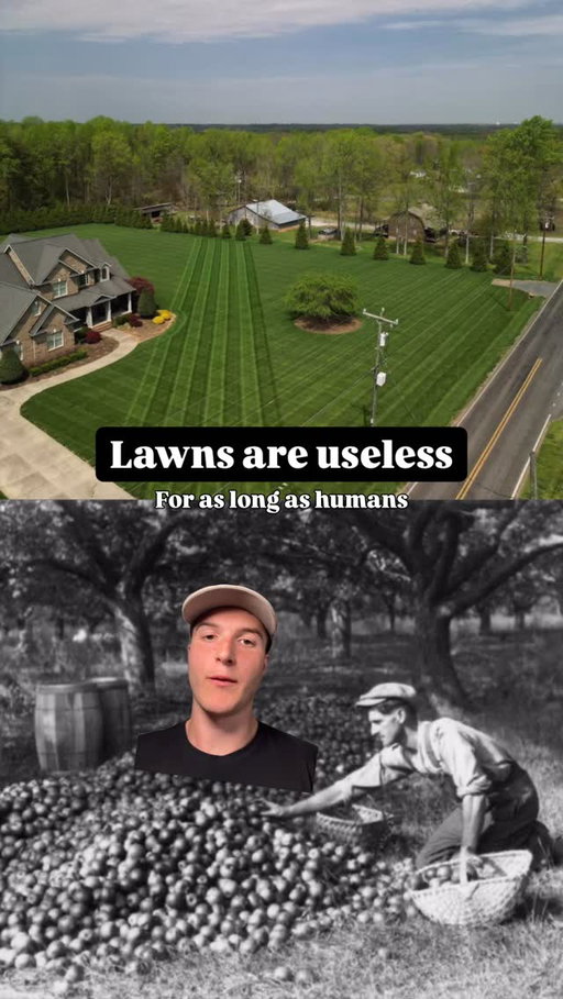 For all of human history the land around a home was used to grow food.

That was until manicured grass (”lawns”) became a display of wealth.

Why this becomes a problem: maintaining a lawn required enormous labor and generates zero food. 

A lawn is a way of saying, “I’m so wealthy I can waste productive land on decoration.”

The first push mower in 1870 transformed what had been an aristocratic luxury into the expectation that every homeowner should maintain a trimmed grass yard.

And we haven’t really looked back despite this making zero sense compared to actually having self-sufficient food supplies.

The real flex is using your land to have a garden, fruit trees, chicken coop, etc…

Grow as much of your food on your own.

Buy what you can’t grow from small farmers.

Fill in the rest with the grocery store.

Comment “Localize” for the app