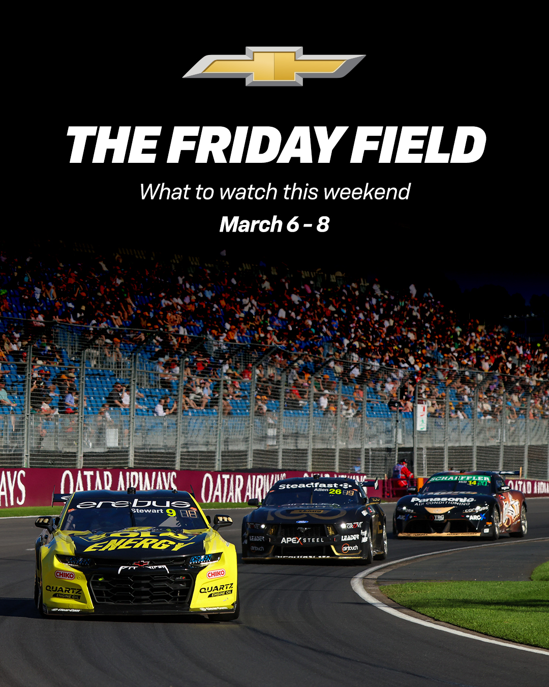 Here's where to find #TeamChevy this weekend:

BFGoodrich Tires Mint 400
🗓️3.6 -3.7
📍Las Vegas, Nevada
📺https://s.chevy.com/1JOg7A

Melbourne SuperSprint
🗓️3.6-3.7
📍Albert Park Circuit
📺Superview

Good Ranchers 250
🗓️Saturday, 3.7 // 3:00 PM EST
📍Phoenix Raceway
📺FOX, INDYCAR Radio Network, SiriusXM

GOVX 200
🗓️Saturday, 3.7 // 7:30 PM EST
📍Phoenix Raceway
📺CW, MRN, SiriusXM

AMALIE Motor Oil NHRA Gatornationals
🗓️Sunday, 3.8 // 12:00 PM EST
📍Gainesville Raceway
📺FS1, https://s.chevy.com/XImbNq

Straight Talk Wireless 500
🗓️Sunday, 3.8 // 3:30 PM EST
📍Phoenix Raceway
📺FS1, MRN, SiriusXM, HBO Max