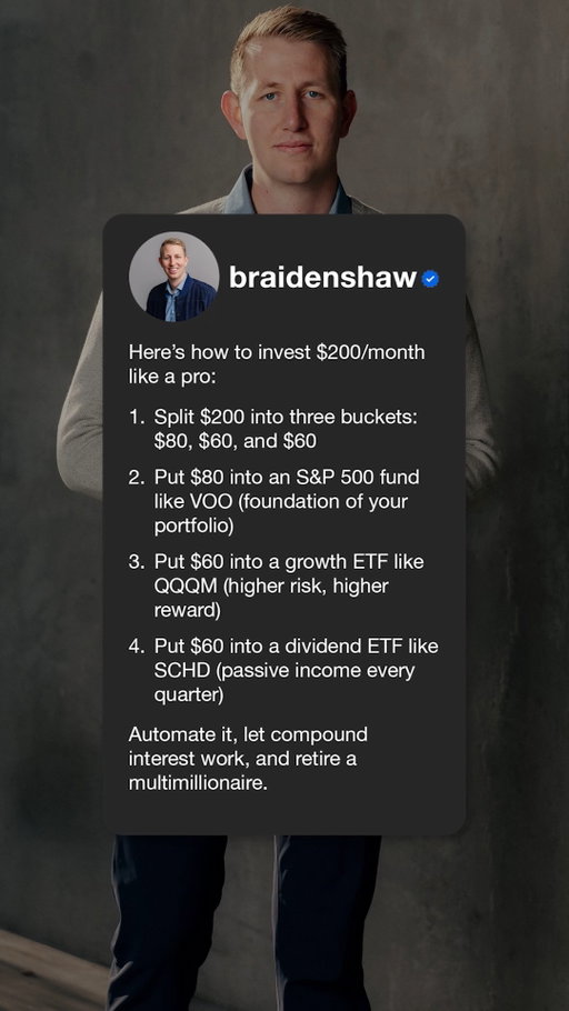 Everyone thinks you need thousands to start investing. You don't.

Start with whatever you have. Even if it's just $200.

Inflation is eating your money alive right now. Every day you wait, your cash is losing value.

But here's the good news, you can start building wealth TODAY with a simple $200/month plan.

HERE'S THE EXACT STRATEGY I DO: 

(Not financial advice, do your own research or consult with a professional) 

$80 → S&P 500 (VOO)

This is your foundation. VOO tracks the 500 biggest companies in America. Apple, Microsoft, Google, Nvidia, all of them. Low fees, proven track record. This is where you build your base.

$60 → Growth ETF (QQQM)

This is your upside play. QQQM focuses on tech and high growth companies. Higher risk? Yes. Higher reward? Absolutely. This is where you capture those big runs when the market is hot.

$60 → Dividend ETF (SCHD)

This is your cash flow generator. SCHD pays you dividends every single quarter just for holding it. Passive income while your portfolio grows. It's made up of stable, blue-chip companies that aren't going anywhere.

AUTOMATE IT. SET IT AND FORGET IT.

The biggest mistake people make is they try to time the market. They wait for dips. They overthink it. They get paralyzed.

Don't do that.

Set up automatic transfers. Every month, $200 goes in and gets split across these three ETFs. Then let compound interest do what it does best, make you rich over time.

Future you will thank you.