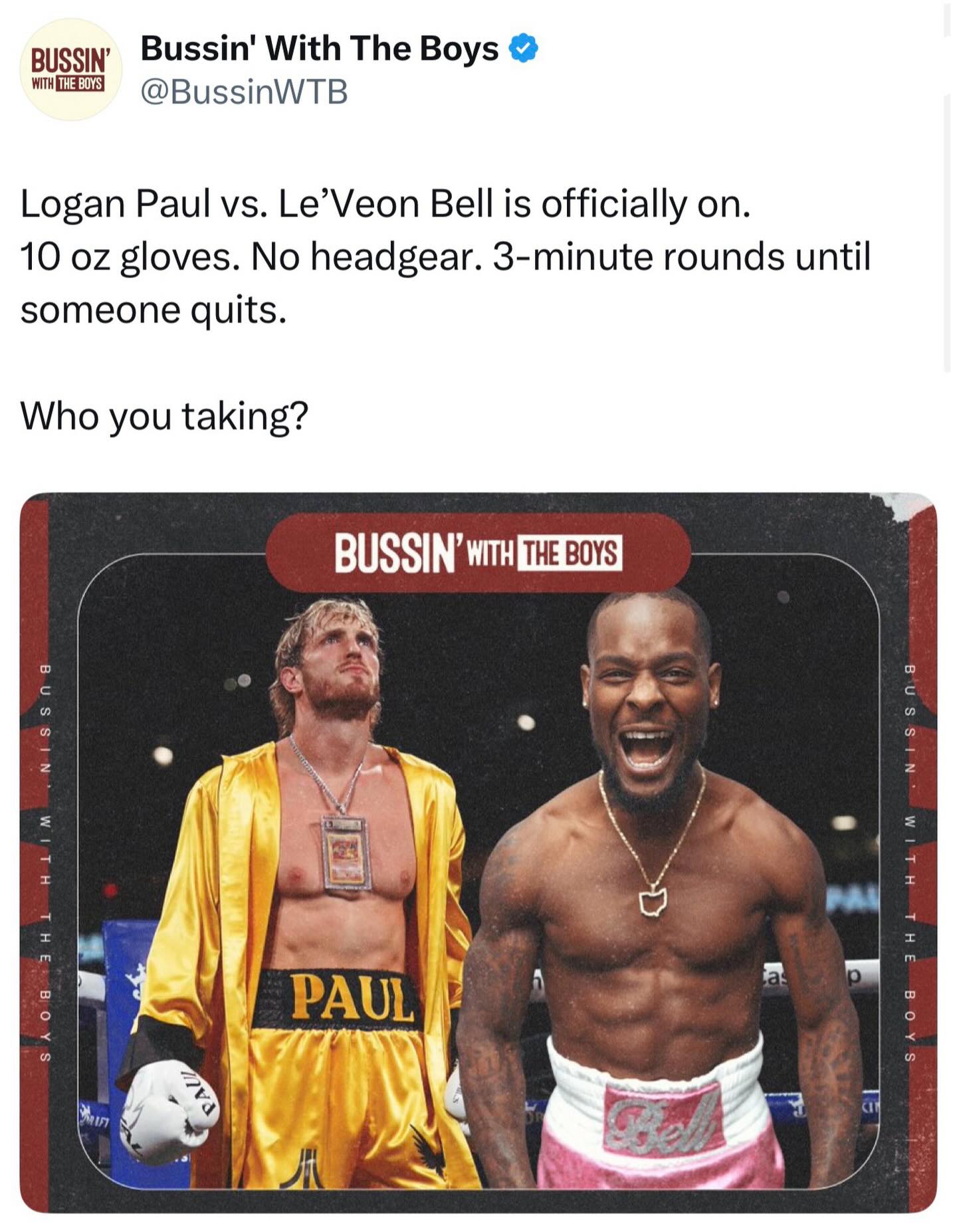 Logan Paul vs. Le’Veon Bell is officially on.
10 oz gloves. No headgear. 3-minute rounds until someone quits.

Who you taking?