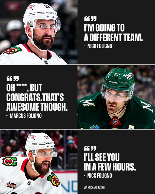 Brothers AND teammates 💚

After being dealt from Chicago to Minnesota today, Nick Foligno joins his brother @marcusfoligno17 on the @minnesotawild. #NHLTradeDeadline 

(via X/RussoHockey)
