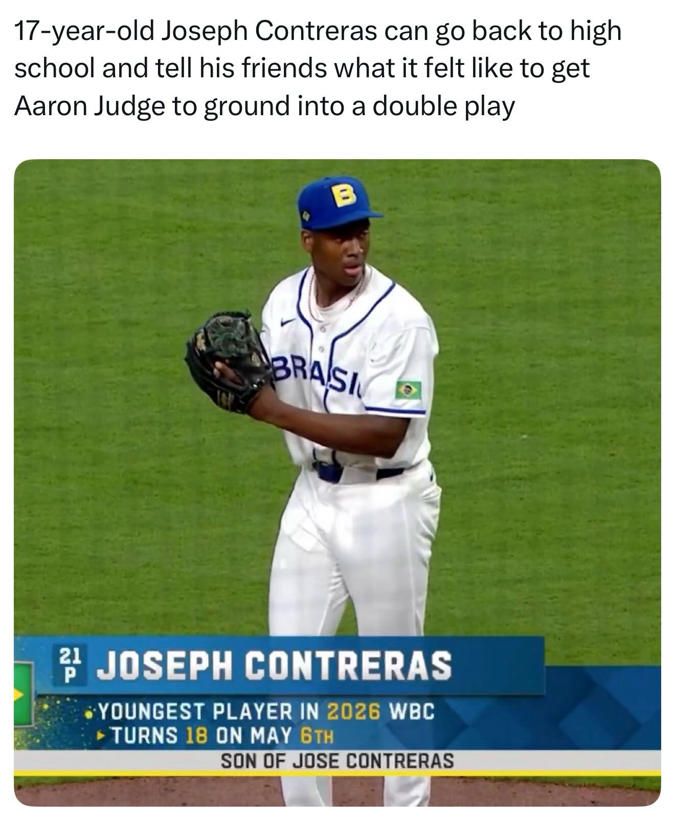17-year-old Joseph Contreras gets Aaron Judge to ground into an inning-ending double play! The son of Jose Contreras was reaching 97 MPH consistently