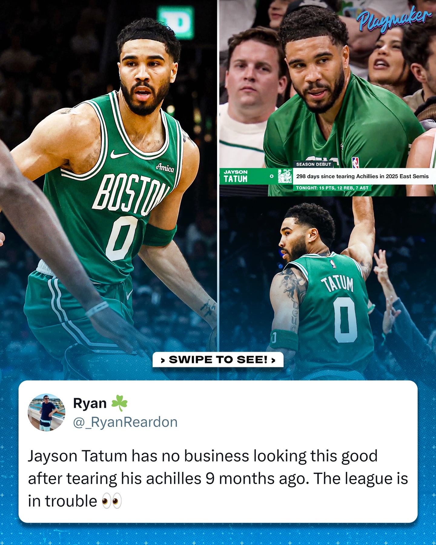 Jayson Tatum made his season debut tonight dropping 15 points, 12 rebounds and 7 assists in 27 minutes 🔥