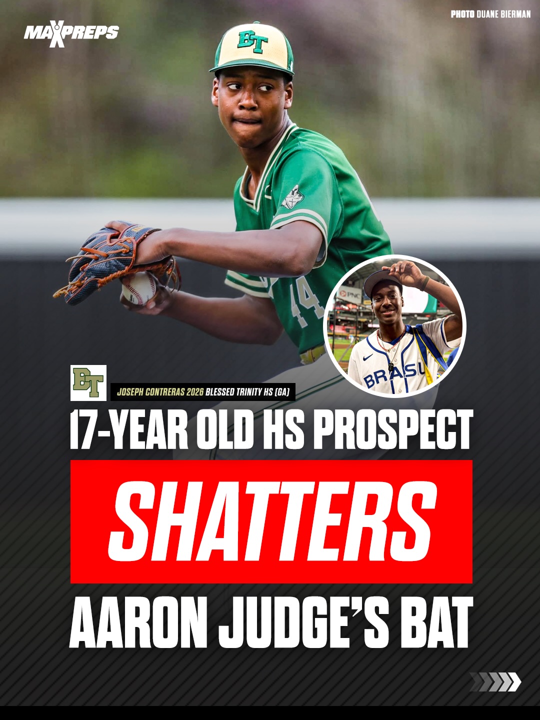 17-year old HS pitcher Joseph Contreras SHATTERS Aaron Judge’s bat after predicting he would face him in the World Baseball Classic 🤯🔥

Blessed Trinity (GA) State Champion is the son of World Series Champ Jose Contreras 💪⚾️

( via @mlbonfox , @lakepointsports , @coryjmc )