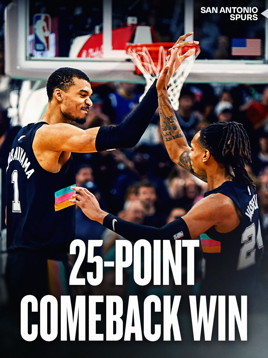 The @spurs rally from a 25-point deficit to claim a home victory! This marks the Spurs’ largest comeback in the play-by-play era 🙌
