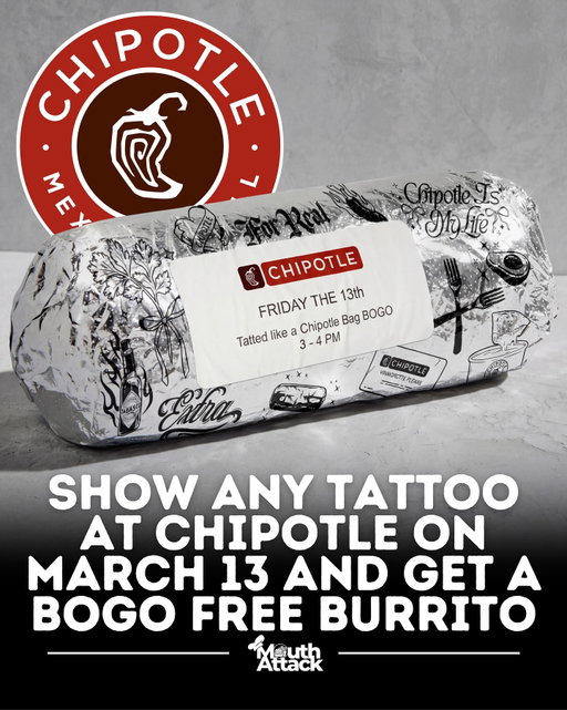 Chipotle Mexican Grill is bringing back one of its most unusual promotions for Friday, March 13, offering fans a Buy One, Get One Free entrée if they show a tattoo at participating restaurants. The promotion is available in-store only from 3:00 PM to 4:00 PM local time, and customers must simply show any tattoo to qualify — whether it’s permanent, temporary, or even drawn on. During the one-hour window, guests who buy an entrée such as a burrito, bowl, tacos, or salad can receive a second entrée free as part of the limited-time offer.

The promotion is inspired by the viral phrase “tatted like a Chipotle bag,” referencing the illustrated designs printed across Chipotle’s iconic takeout bags. To celebrate the meme, the brand has leaned into tattoo culture with themed graphics and flash-style artwork featured on its packaging. There are a few rules: the deal does not apply to kids’ meals, must be redeemed inside the restaurant (not through the app or delivery), and each free entrée must be paired with a purchased entrée. Because the offer lasts only one hour nationwide, long lines are expected as fans rush to take advantage of the free burrito deal.