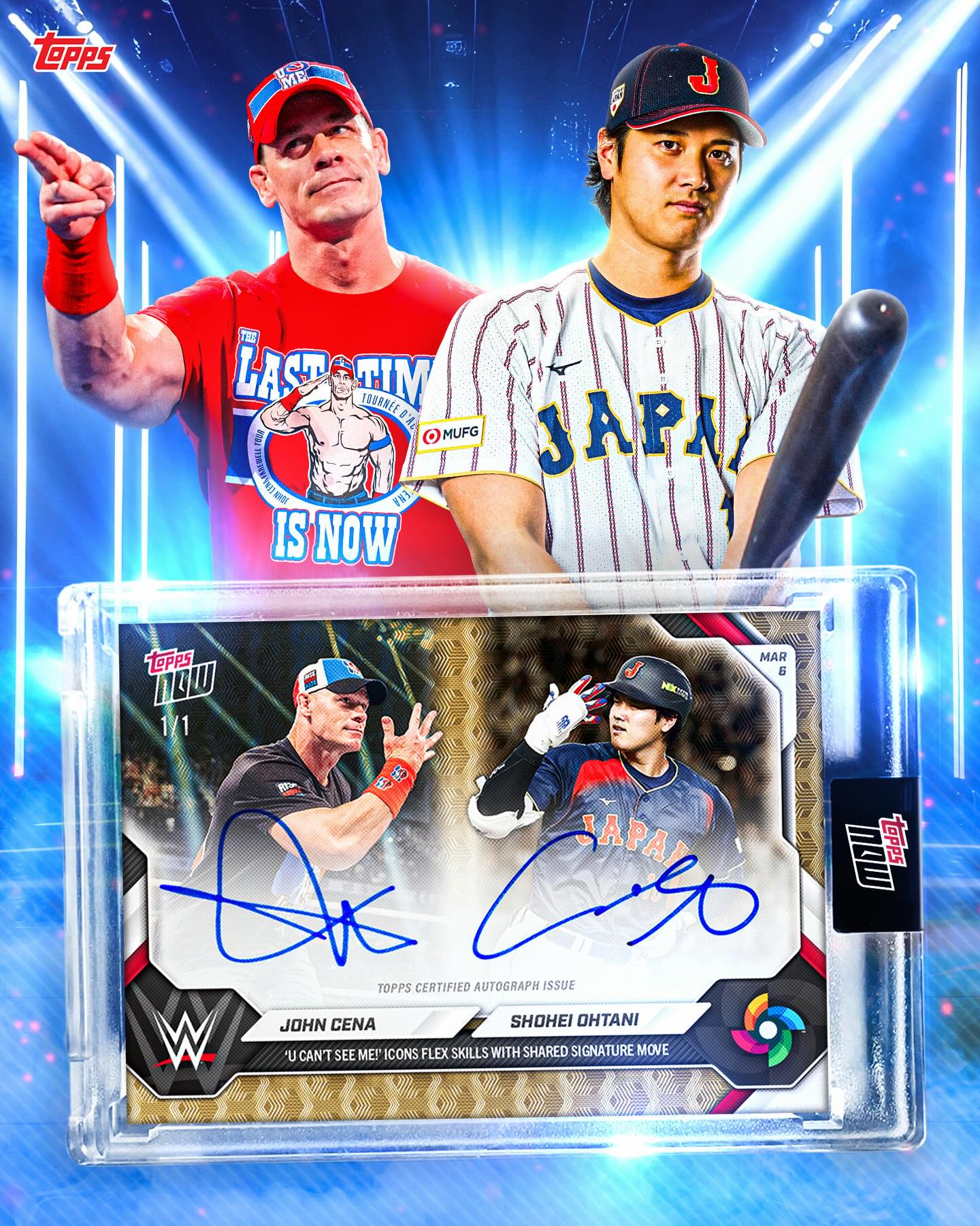 YOU CAN’T SEE THEM! 🚫👀 John Cena & Shohei Ohtani unite for a historic dual autograph card after Ohtani paid tribute to the 17x champ following his first World Baseball Classic grand slam 🫡

Collectors who purchase the base edition of this card have a chance to receive the 1-of-1 dual autograph with their order.

Available now for ONLY 48 hours ⏰