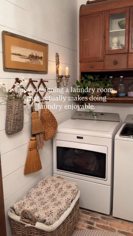 Laundry may not be glamorous… but your laundry room can be. ✨

This is one of my favorite remodels we’ve done, and I designed it to be charming, beautiful, and functional.

Here are 4 easy ways to add character to your laundry room:

• Use vintage furniture instead of cabinets (I used the top of an antique Baker’s cabinet).
• Decant laundry supplies into glass jugs and jars.
• Use baskets for everyday items like dryer balls or sheets and lint disposal. 
• Choose vintage or vintage-style laundry baskets for extra charm.

Little details can turn a basic laundry room into a space you actually love. 🤍

#laundryroominspo #cottagestylehome #laundryroommakeover #bridgertonvibes