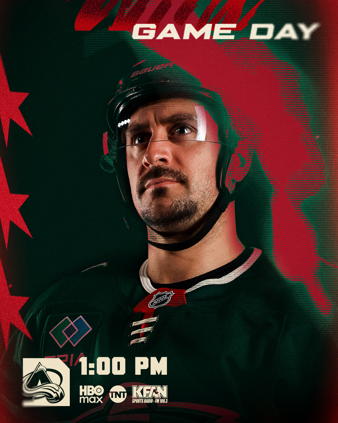 hockey a mile high

⏰ 1:00 p.m.
📺 TNT, HBO MAX
📻 KFAN 100.3fm
📍 Ball Arena

#mnwild