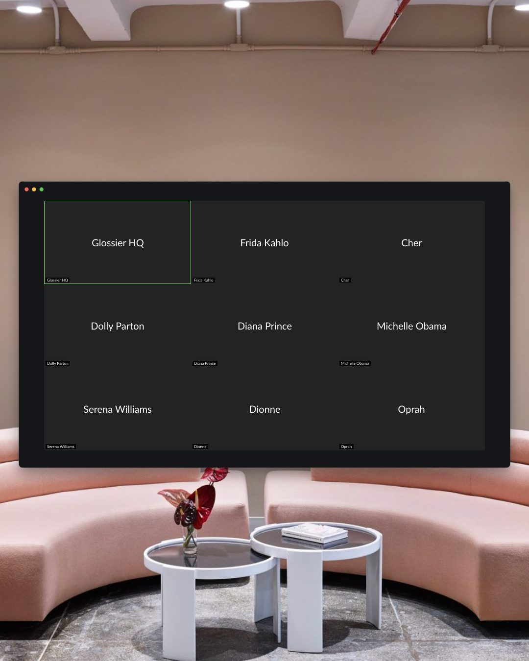 If you’re invited to join a Zoom at Glossier HQ, you’re in for a surprise… Especially when icons like Cher, Dolly Parton, and Oprah are already in the room. Our meeting spaces are named after the women who inspire us most. Happy International Women’s Day 💐