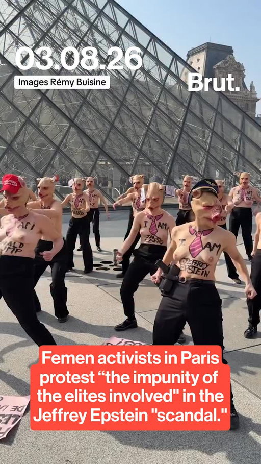 Brut. original footage captured by @remybuisine shows Femen activists wearing pig masks in Paris to protest people who appeared in the Epstein files on International Women's Day. #Femen #Protest #EpsteinFiles #JeffreyEpstein #InternationalWomensDay