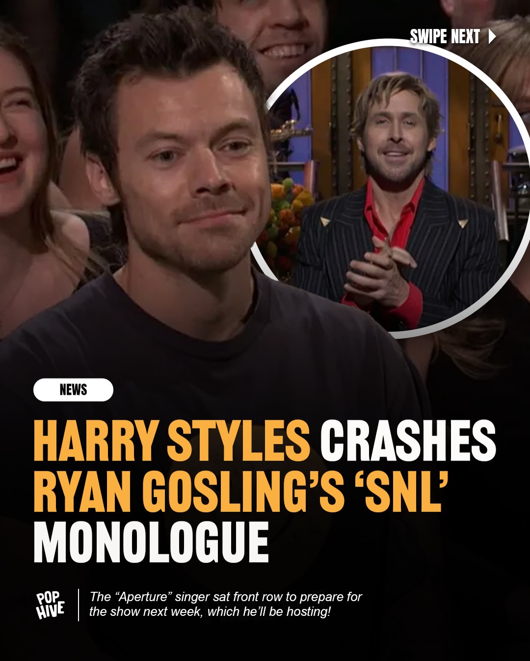 While hosting ‘Saturday Night Live,’ Ryan Gosling was in the middle of his opening monologue when an unexpected guest popped up.

To Gosling’s playful confusion, Harry Styles suddenly appeared on screen sitting front row in the audience. The monologue then cut to a split-screen moment between Styles and Gosling, making sure viewers at home got a clear look at the pop star. 👀