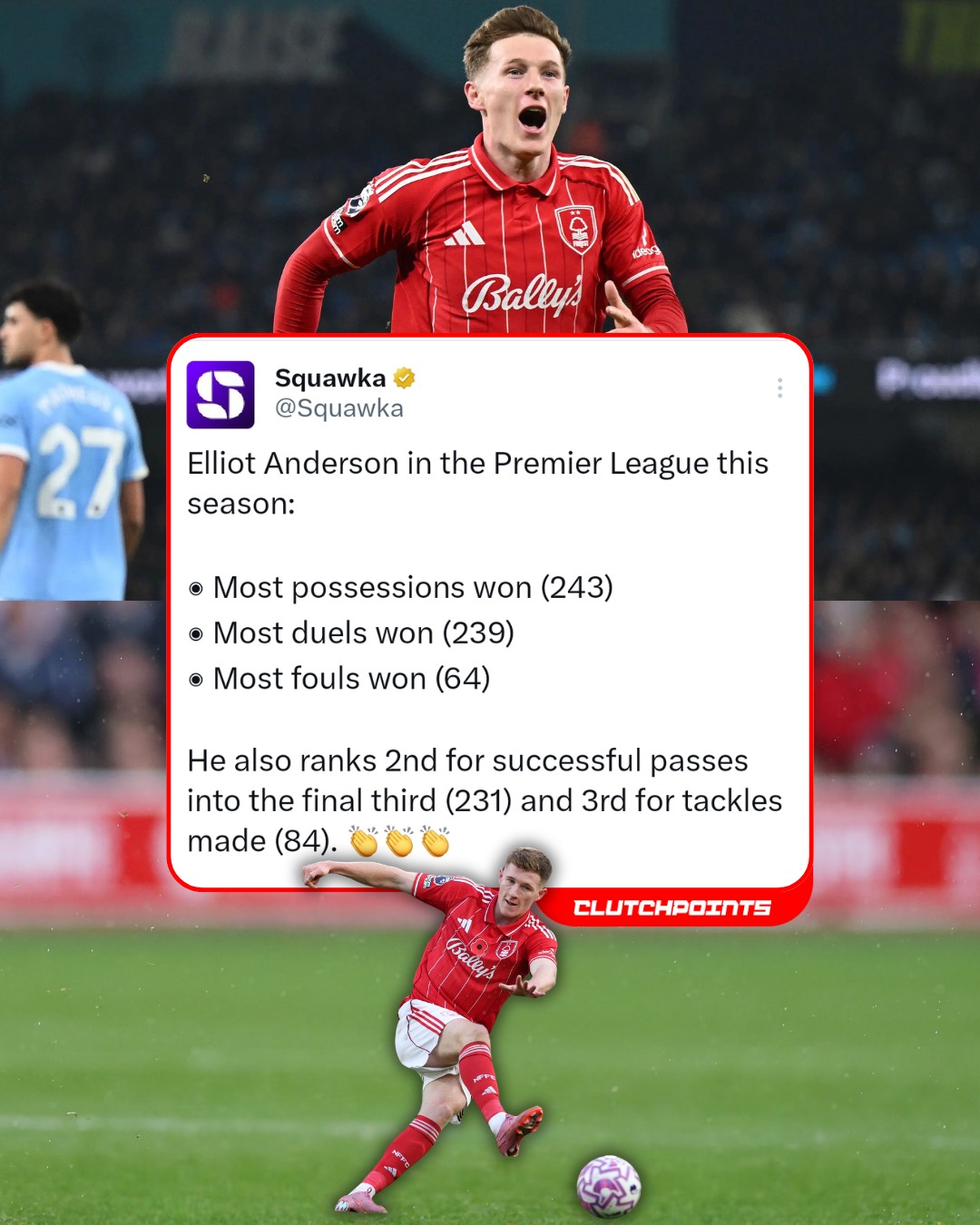 Elliot Anderson’s statistical dominance in possessions and duels won this season has established him as the most impactful defensive midfielder in the Premier League outside the traditional Big Six.

Leading the league in three major defensive categories while maintaining an 86% pass accuracy is a Player of the Season trajectory for a club in the bottom half. 🔥 ⚽