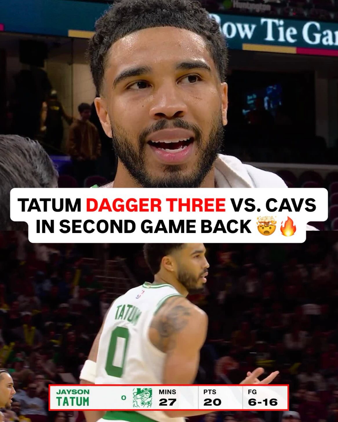 Jayson Tatum had some BIG buckets in the 4th to defeat Cavs. 😤🔥

Dropped 20-PTS in just his second game back. 👀