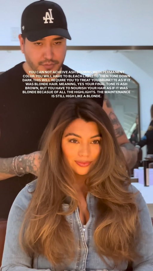 A lot of times clients believe having ash brunettes requires low maintenance. In reality they require just as much maintenance and care as if it was blonde. 

Ash brunettes also require you to lighten your hair. It is a high maintenance look and can also be just as damaging as going light, especially if you don’t follow instructions on how to take care of it at home. 

FEW TIPS WOULD BE:

1. Very minimal use of heat. Get tools that have heat control 
2. Masks weekly, like intimate repair  mask from WELLA
3. You need both moisture and repair. So a good moisture conditioner. 
4. You have to be back every 6 weeks to maintain your color. 
5. heat protectants when heat styling 
.
.
.
.
.
.
.
.
#ashbrownhair #ashbalayage #ultimaterepair #losangeleshairstylist #hairdresser
