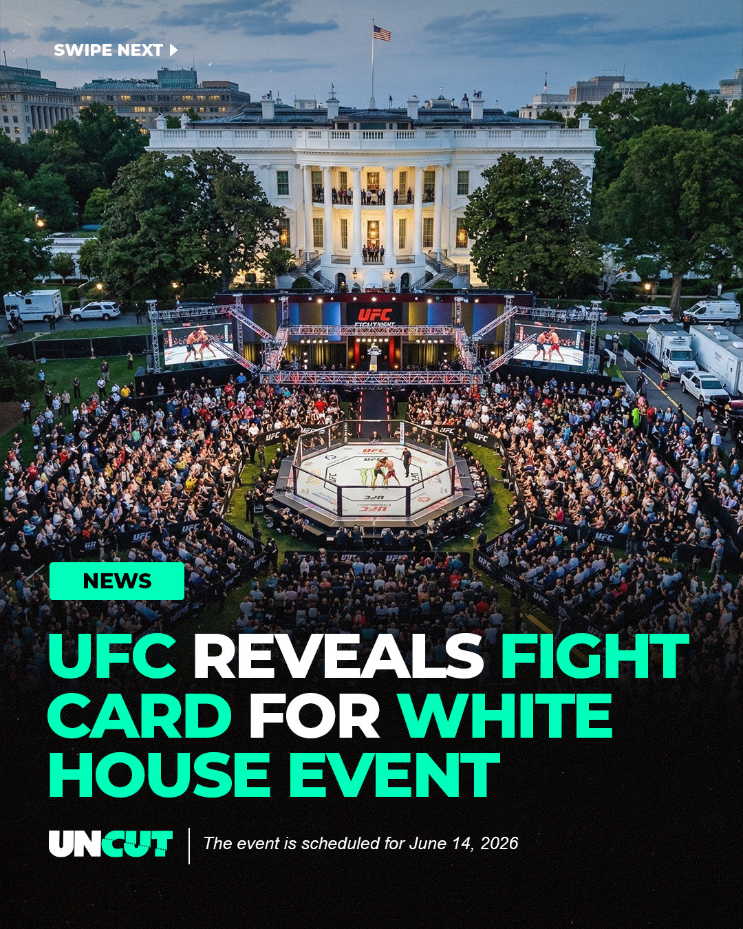 Ultimate Fighting Championship plans to host a fight card at the White House on June 14, 2026 🇺🇸⁠
⁠
The announced lineup includes a lightweight title fight between Ilia Topuria and Justin Gaethje as the main event. The co-main event features Alex Pereira vs Ciryl Gane for an interim heavyweight championship. Other bouts include Sean O’Malley vs Aiemann Zahabi, Mauricio Ruffy vs Michael Chandler, Bo Nickal vs Kyle Daukaus, and Diego Lopes vs Steve Garcia 🥊⁠
⁠
Y’all watching this⁉️👀