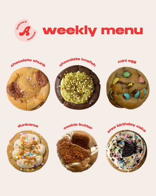 WEEKLY MENU: MARCH 11TH-15TH🍪

YOU’RE WELCOME FOR THIS MENU 🤭😆😜🐣🎂🌷truly, this may be one of our cutest menus of all time!

The first week of mini egg is always a big one so make sure you get those pre-orders locked in guys 🔒🐣🫡

ALSO, peep our new website that just went live this morning 👀🤩 we hope you guys love it as much as we do!🩷

📲pre-orders open MONDAYS @ 11am on andreascookies.com
🍪 in store pickups at all locations
🚗 toronto + GTA delivery options 
💚 now available on UberEats!