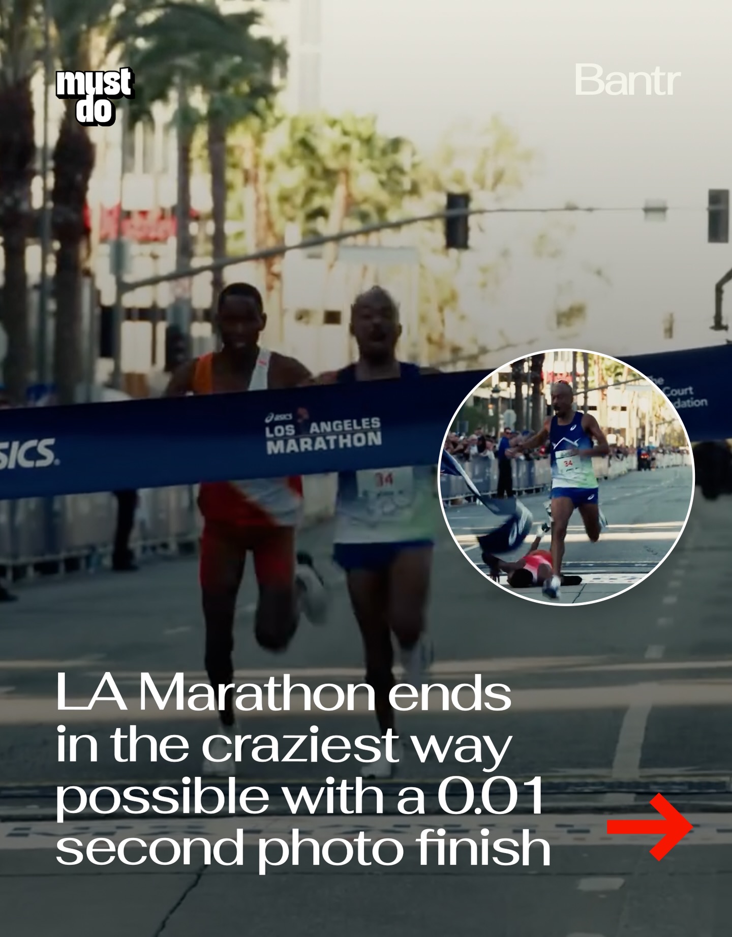 0.01 seconds.

The 2026 LA Marathon ended in one of the closest finishes the race has ever seen.

Kenyan runner Michael Kimani Kamau had been leading late in the race and looked on track to win, but near the finish he briefly followed the lead motorcycle off the course before correcting himself and getting back on track.

That moment opened the door for Nathan Martin (@nim_i_am), a 36 year old high school track and cross country coach from Michigan, who had been chasing him down over the final miles.

With about 800 meters left, Martin began his sprint and slowly closed the gap. In the final meters, he surged past Kamau right at the tape.

Martin crossed the finish line in 2:11:17, winning the race by just 0.01 seconds in a dramatic photo finish.

The victory also made Martin the first African American runner to win the LA Marathon in the race’s 41 year history.

By the way, we have a weekly newsletter with what’s worth knowing about and doing in Los Angeles. One newsletter. Once a week. Link in bio.

Media via NBC/LA Marathon/X

#mustdolosangeles #readbantr #lamarathon #viral