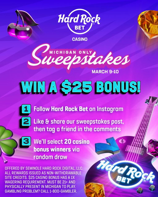 MICHIGAN CUSTOMERS ONLY!!

WIN A $25 CASINO BONUS
1️⃣ Follow @HardRockBetCasino
2️⃣ Like and share this post with a friend
3️⃣ 20 winners selected later this week!