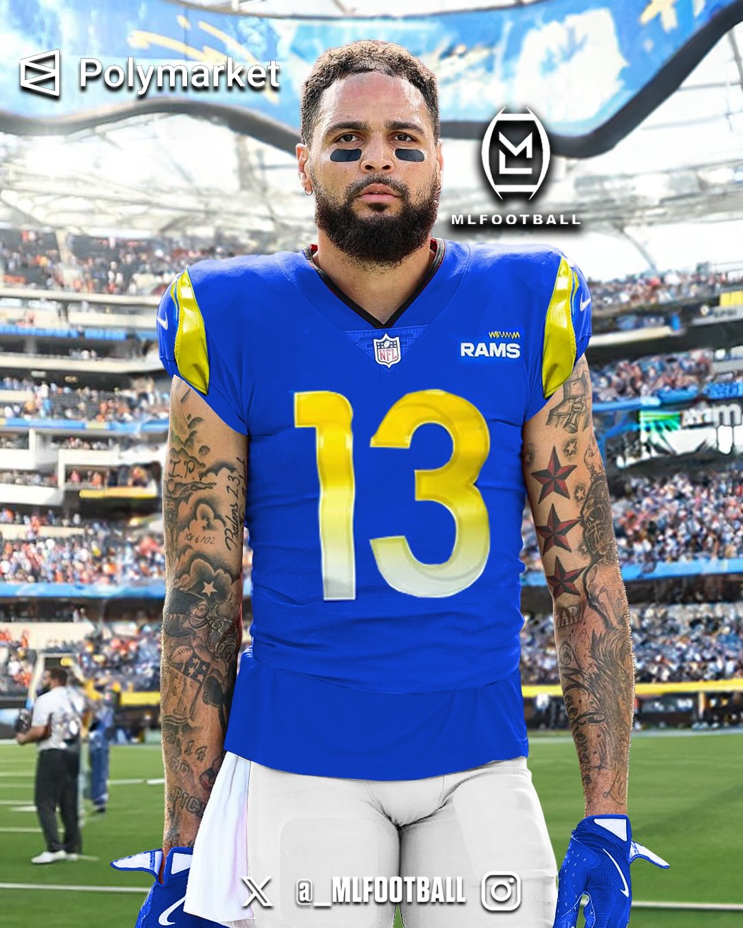 🚨BREAKING: The Los Angeles #Rams are the FAVORITES to sign #Buccaneers legend Mike Evans, per @polymarketsports.

Mike is 32, a future Hall of Famer, as a 2x All-Pro and 6x Pro Bowler.

Evans paired with Puka Nacua & Davante Adams and Matt Stafford throwing the ball would be CRAZY.

👀