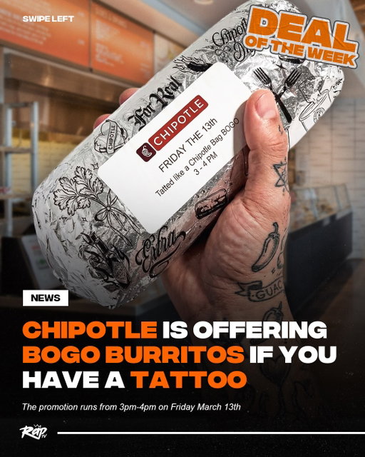 #Chipotle brought back their “tatted like a Chipotle bag” promotion‼️

On March 13th from 3pm to 4pm, you can get a Buy One, Get One Free entrée if you show a tattoo at participating restaurants 👀

Your tattoos do not have to be permanent to participate.

Will y’all be taking advantage of this deal⁉️

Follow @rap for more 🔥