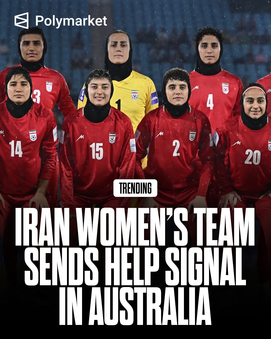 Members of Iran’s women’s soccer team appeared to signal for help after their Women’s Asian Cup loss in Australia over the weekend, with activists saying at least one player signed “help” from the team bus as it left the stadium. 

The incident comes as several players seek asylum, fearing persecution after Iranian state media labeled them “wartime traitors”.

Traders predict a 19% chance Iran will be removed from the FIFA World Cup by the end of March.