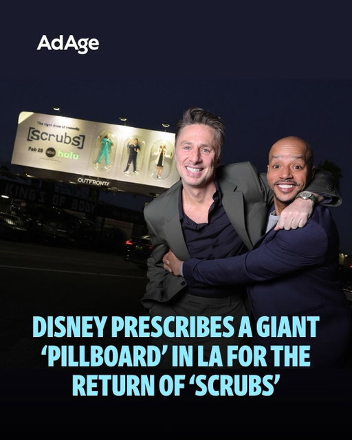 “Scrubs” is back, and Disney is prescribing a rather large dose of outdoor advertising. 

The beloved cult classic comedy returned to the airwaves—and 11 million viewers—on Feb. 25 (on ABC, and next day on Hulu). To promote it, Disney whipped up an unusual piece of OOH advertising in Los Angeles: a 3-D “pillboard” that displays the show’s characters inside oversized pill packaging.

Disney collaborated with agency MACH27 (formerly known as WC+A) on the concept, which originated as a key art idea. Disney liked it enough to expand it into a real-world installation designed to grab attention and reinforce the show’s offbeat sense of humor.

📲 Read about the full campaign at the link in our bio. 🔗