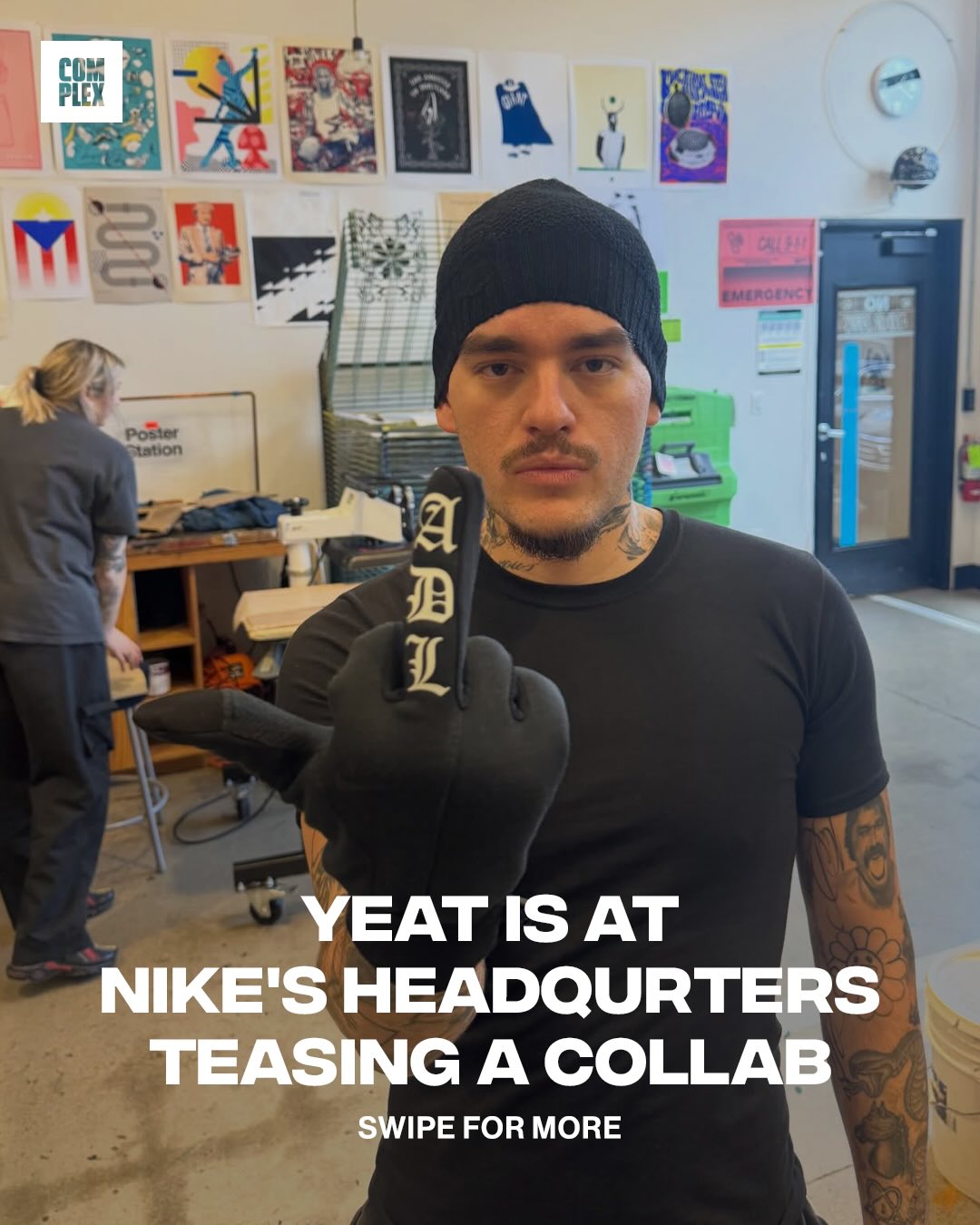 Yeat posted various images on his story showing him with logos from his upcoming double album ‘ADL’ inside Nike’s HQ design space, alongside the message “@nike otw.” 👟

The images show a wide range of products, from suitcases to a pair of Air Force 1s in both black and white. This is not the first time the rapper has collaborated with the Swoosh. Last year, he designed an entire shoe with Nike that was unveiled at ComplexCon and raffled off to a select number of fans.

Shop the Yeat collection on Complex at the LINK IN @complexmusic BIO 🔗