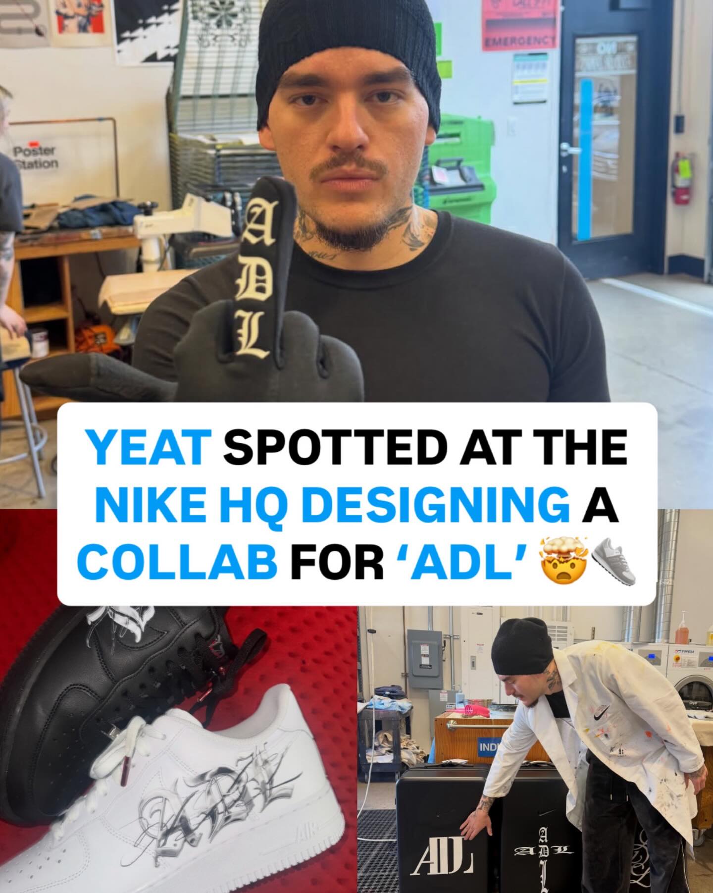 Yeat shared new images to his story at the Nike Headquarters in Beaverton, Oregon 🤯

Yeat teased new hoodies, luggage, gloves, and more. Both a black pair and white pair of Air Force 1s were previewed 

What do you think Yeat and Nike have cooking for ‘ADL’?