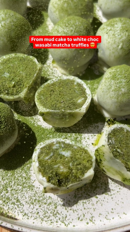 You’d never guess that these 4 ingredient white choc wasabi matcha truffles are made using our white choc mud cake 🤫🤯 They’re sweet, spicy and speedy to whip up as an Easter treat. 

#Baking #Matcha #Wasabi #Truffles #EasyRecipe 

Cheats white choc, matcha & wasabi truffles
Makes about 24 |  Prep 30 mins (+ 40 mins chilling time) | Cooking 5 mins 

Ingredients:
600g Coles Bakery White Mud Cake, paper case removed, coarsely chopped
3¼ tsp matcha powder
1 tsp wasabi paste 
11/2 x 250g pkts white chocolate melts

Method:
1. Place cake in a large bowl. Use clean hands to crumble until coarse crumbs form and the cake and icing are combined. Press into a soft, doughy consistency. 

2. Add 3 tsp matcha powder and the wasabi and use the heels of your palms to knead into the mixture until well combined.

3. Line a large baking tray with baking paper. Roll level tablespoonfuls of the mixture into balls. Arrange on the lined tray and place in the fridge for 30 mins to chill.

4. Place the chocolate in a medium heatproof bowl over a saucepan of simmering water (don’t let the bowl touch the water). Use a metal spoon to stir for 5 mins or until chocolate is smooth and melted. Use a fork to dip each ball in the chocolate to coat, shaking off excess. Return to the lined tray. Place in the fridge for 10 mins to set. 

5. Dust truffles with remaining matcha powder.