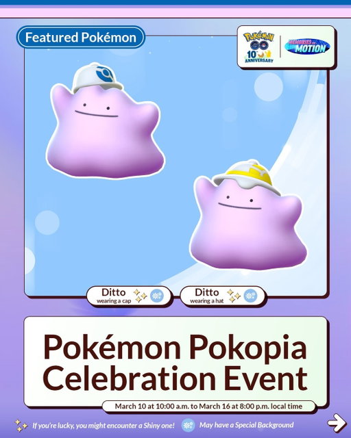 Keep an eye out for the new costumed Ditto making their debuts, Trainers! You never know what Pokémon they may change into! 👀

The Pokémon Pokopia Celebration Event in #PokemonGO has begun! 🎉