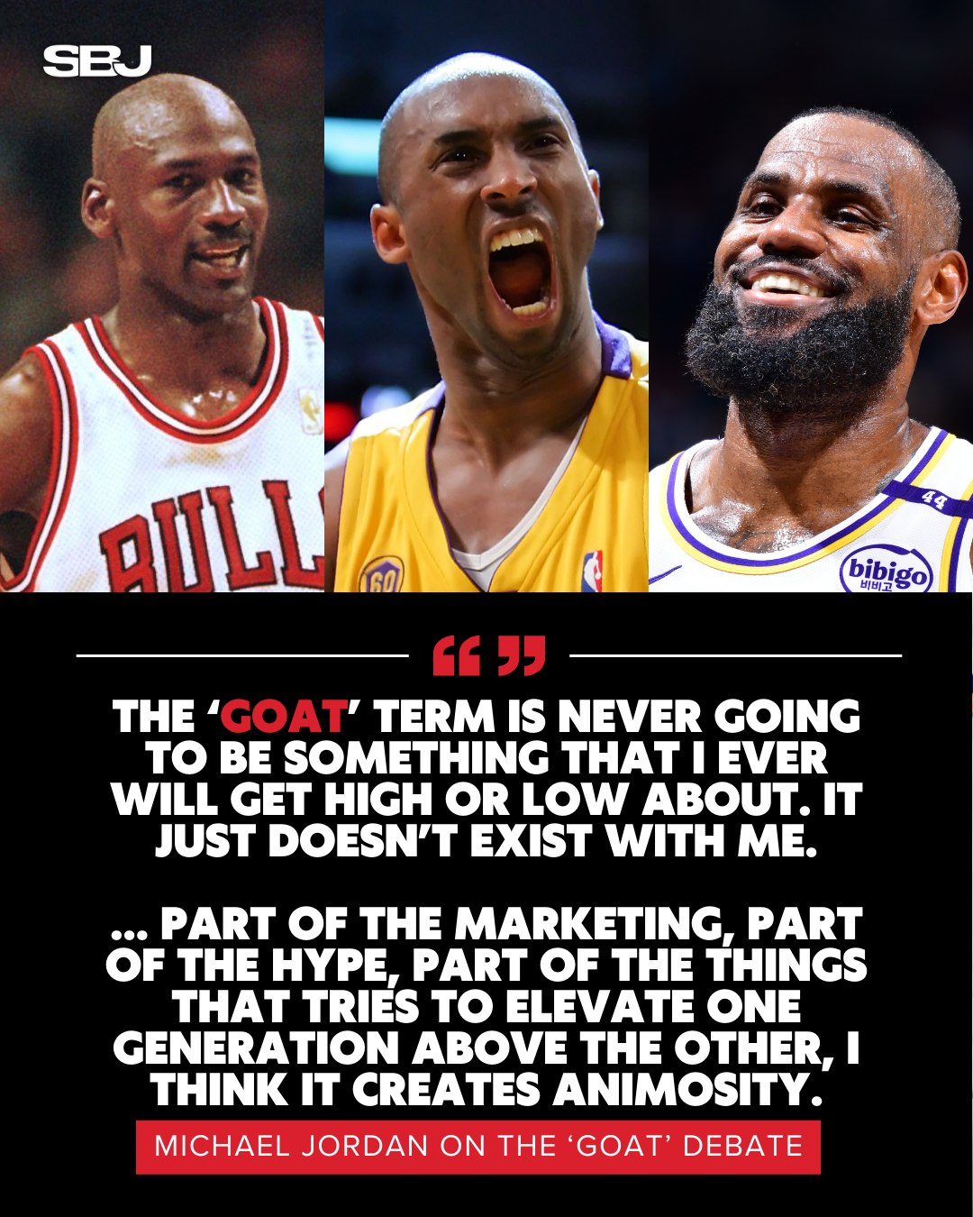 GOAT debate, according to MJ 🐐
 
In a conversation with Mike Tirico on NBC, Michael Jordan shared his perspective on the NBA’s GOAT debate — explaining that the way it’s marketed often creates unnecessary animosity between players from different eras.
 
Jordan instead emphasized respect across generations, shouting out Kobe Bryant, LeBron James, and Kevin Durant for continuing to elevate the game — just as the players before them did.