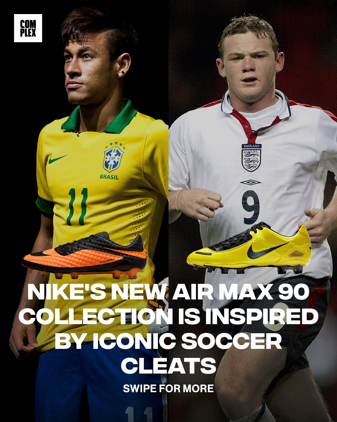 Nike is dropping two Air Max 90 colorways inspired by the Total 90 Laser and Hypervenom football boots, famously worn by footballers like Wayne Rooney and Neymar Jr. The boot-inspired duo arrives May 21 on Nike.com, as excitement builds ahead of the 2026 World Cup. ⚽👟