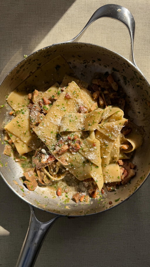 Porcini and pancetta silky pasta sheets!  A recipe that might seem fancy at first but is actually the most fuss-free recipe ever! The dried porcini do most of the heavy lifting flavour-wise, pancetta brings the salty goodness, and those lasagna sheets get tossed in a buttery, cheesy, glossy sauce that is so deeply rich and pleasing. #pancetta #foodie #recipes #cooking

For 2:
10 dried porcini mushrooms
250g dried lasagna sheets
120g pancetta, diced
1 tbsp olive oil
2 garlic cloves, crushed
100ml white wine
20g butter
30g parmesan, finely grated
Small handful parsley, chopped

Soak dried porcini in 200ml boiling water for 10–15 minutes, remove and save the soaking liquid.
Bring a large pot of salted water and boil your pasta sheets for 3 mins under the recommended cooking time. 
Save some pasta water
Heat a glug of olive oil in a large pan and cook the pancetta for 5 mins until golden then add the garlic and mushrooms and cook for another min
Pour in white wine and soaking liquid and simmer for 4 mins until reduced by half
Add the pasta then loosen with a splash of pasta water and stir through the parmesan, butter and parsley.