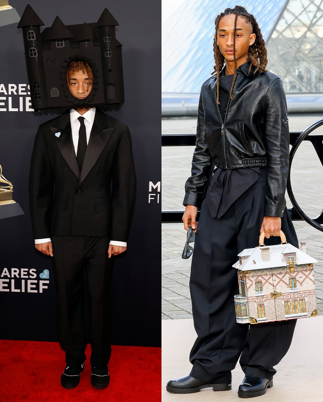 Jaden Smith does not leave the house….without his house 🏡

He attended the 2025 Grammys wearing a “Vampire Castle” headpiece by Dora Anodi, and today he attended the Louis Vuitton Fall 2026 show carrying a LV house bag